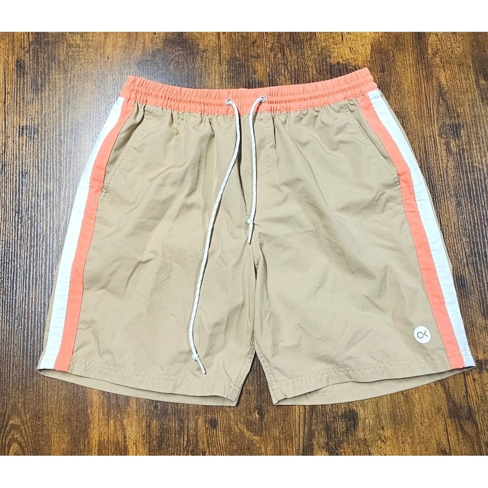 Outerknown Nomadic Volley Shorts Mens Large Tan Coral Striped Recycled Polyester